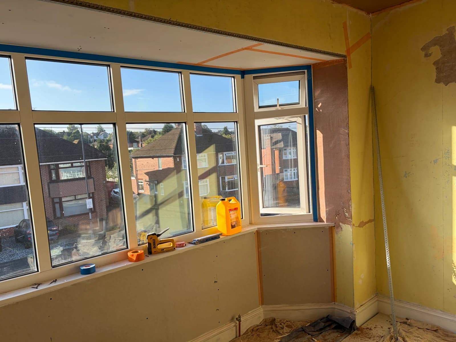 Plasterboard, tape and corner beads around the Allestree bedroom bay window during preparation