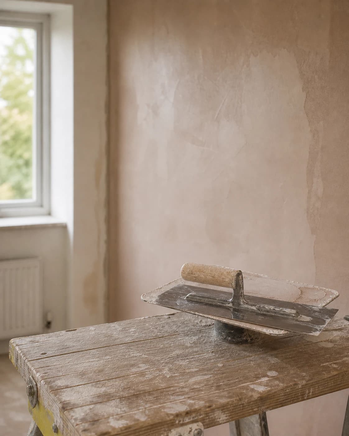 Plastering trowel and hawk resting on a wooden spot board
