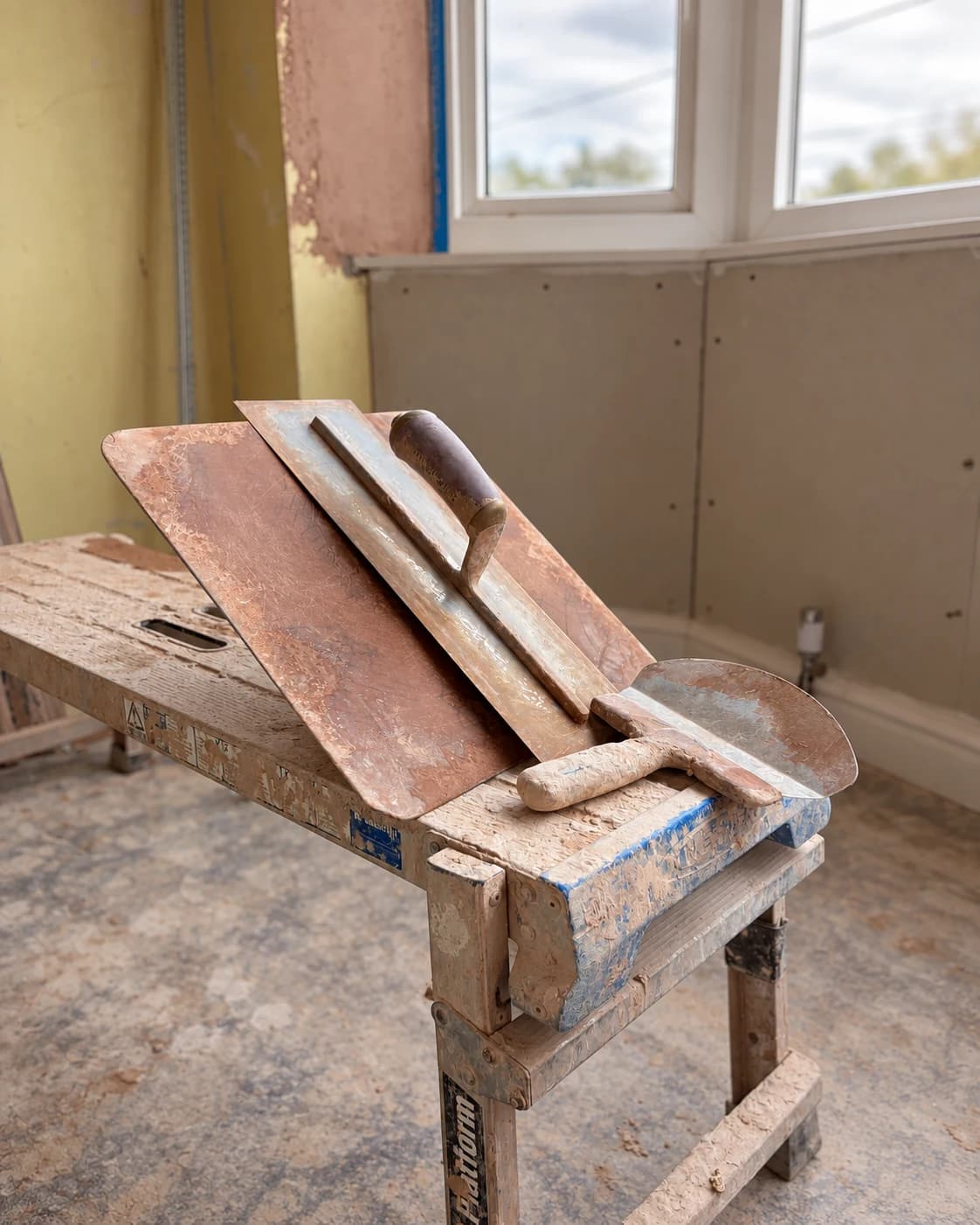 Plastering hawk and trowels resting on a work platform during a bedroom renovation
